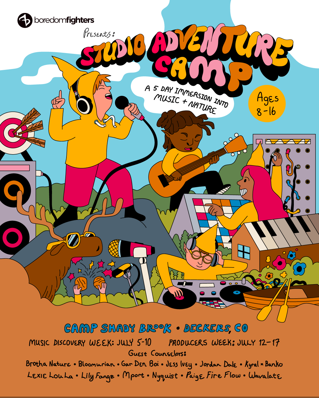Studio Adventure Camp Colorado poster: campers singing, playing guitar and DJing in the mountains