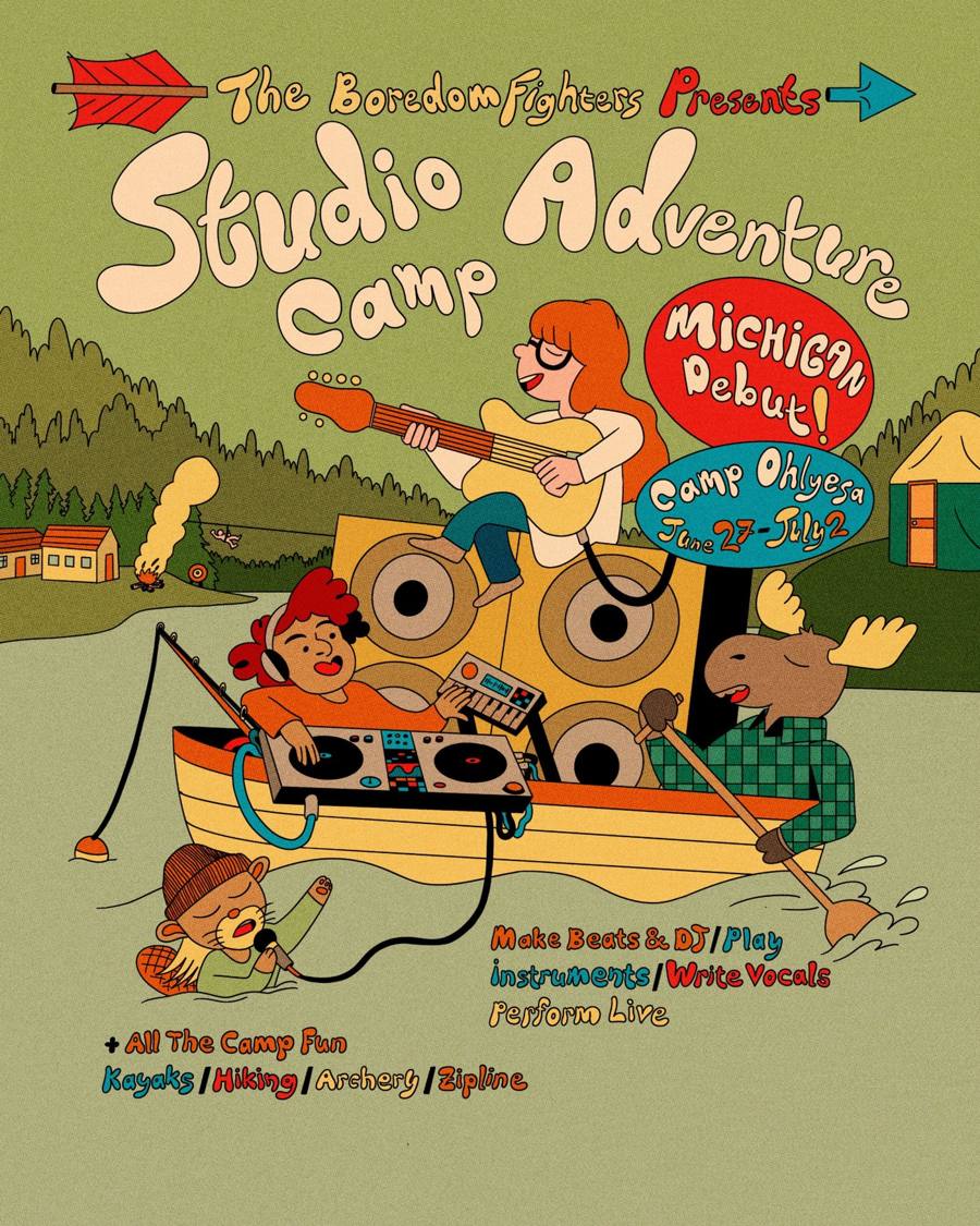 Studio Adventure Camp Michigan poster: campers making music in a canoe on the lake at Camp Ohiyesa
